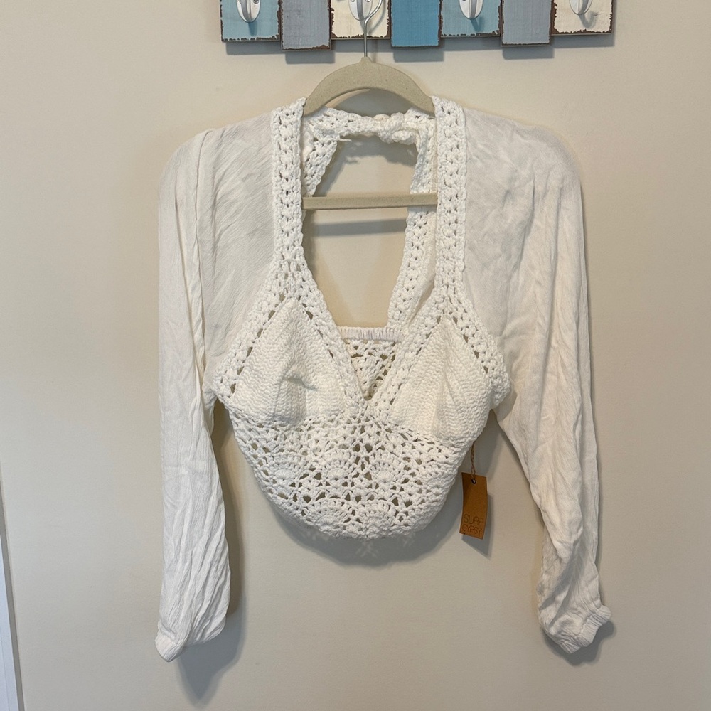 Surf Gypsy Women’s White Crochet Long Sleeved Crop Top / Size M / Brand NWT